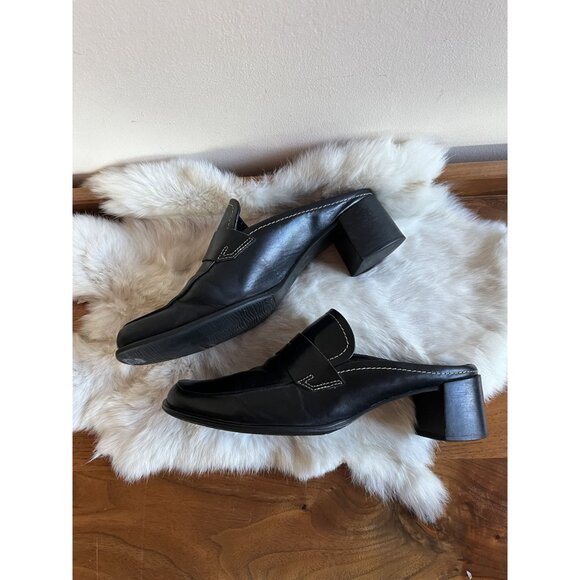 Vintage Y2K Black Leather Penny Loafer Mules Womens 8M 2" Block Heel Square Toe - Picture 2 of 9